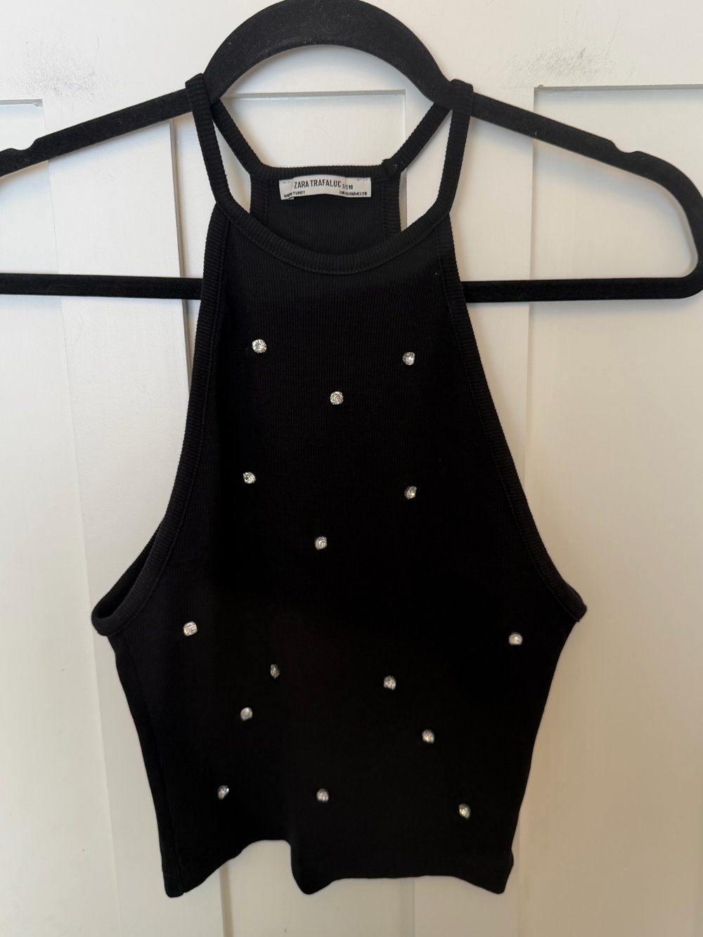 ZARA high neck BLACK sleeveless tank TOP DIAMANTE GEM size M 10 ribbed knit